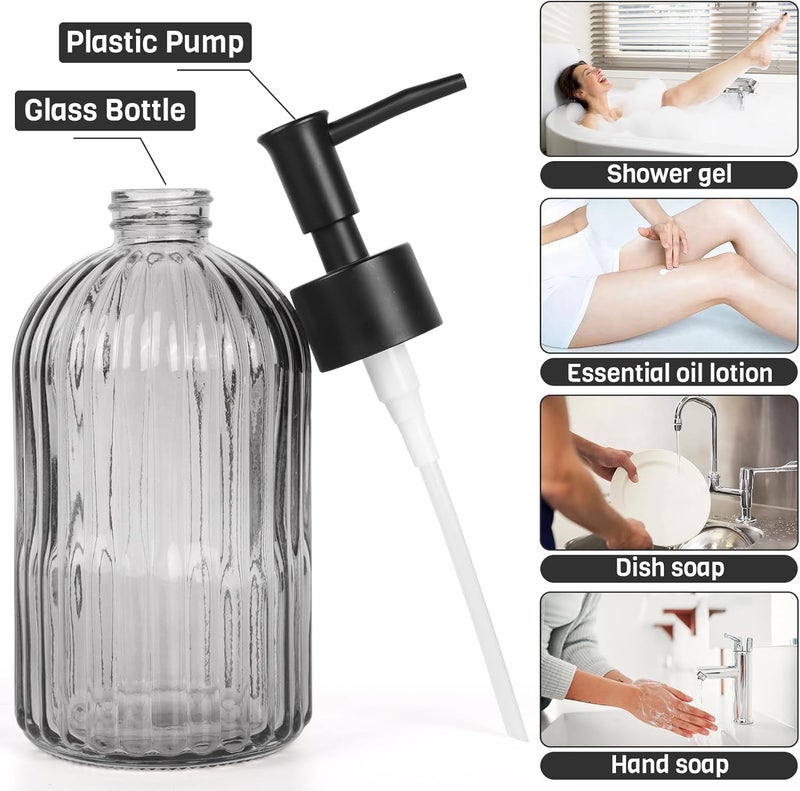 Ulable 2 Pack 11oz Glass Soap Dispenser with Plastic Pump, Vertical Stripe Design Refillable Hand Soap Dispenser for Hand Wash, Bathroom and Kitchen - Image 2